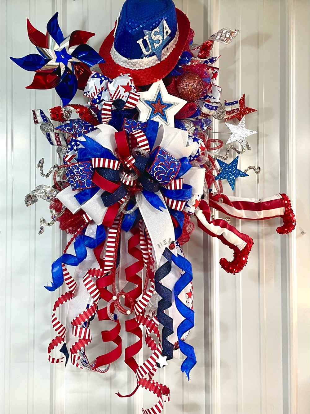 USA Patriotic Red, White & Blue Holiday Door Swag - Americana Wreath